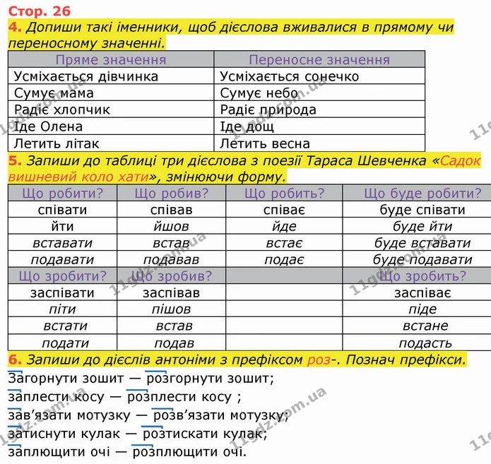 4. Допиши такі іменники, щоб дієслова вживалися в прямому чи переносному значенні. — ГДЗ Робочий зошит Українська мова та читання 3 клас Большакова
