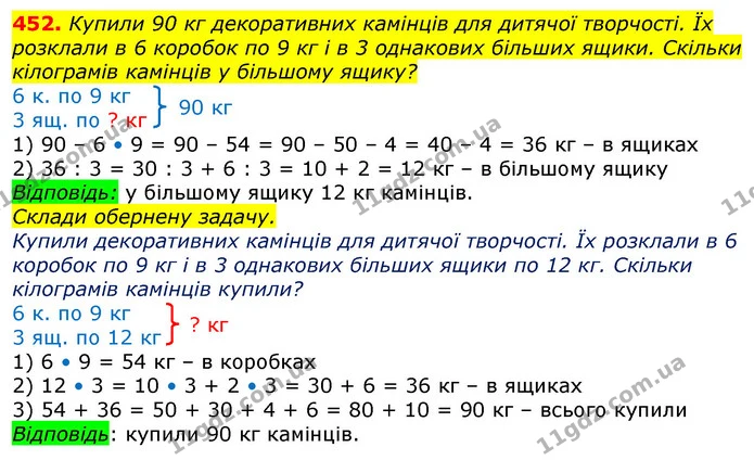 452. Купили 90 кг декоративних камінців для дитячої творчості. Їх розклали в 6 коробок по 9 кг і в 3 однакових більших ящики. Скільки — ГДЗ Математика 3 клас Лишенко (1, 2 частина)