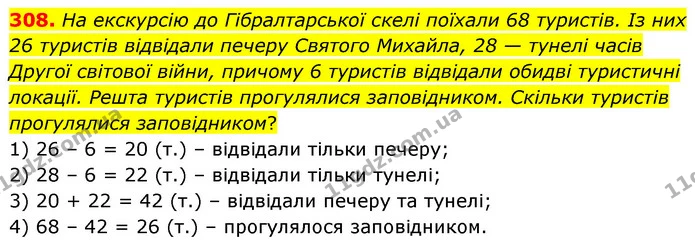 308. На екскурсію до Гібралтарської скелі поїхали 68 туристів. Із них 26 туристів відвідали печеру Святого Михайла, 28 — тунелі часів — ГДЗ Математика 5 клас Скворцова 2022