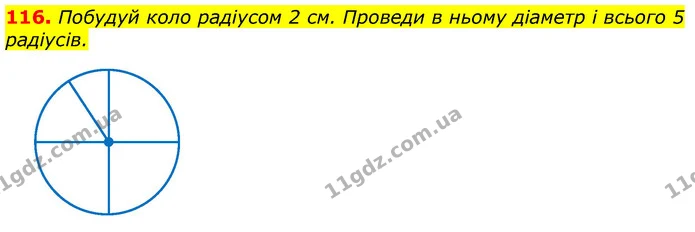 116. Побудуй коло радіусом 2 см. Проведи в ньому діаметр і всього 5 радіусів. — ГДЗ Математика 3 клас Лишенко (1, 2 частина)