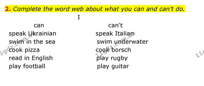 2. Complete the word web about what you can and can’t do. — ГДЗ Робочий зошит Англійська мова 5 клас Косован (Дж. Коста)