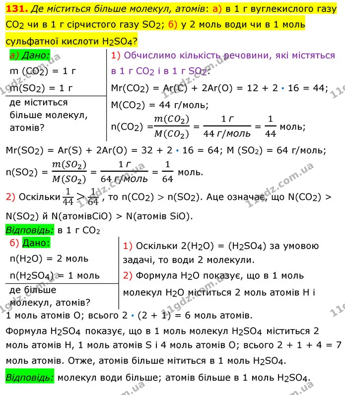131. Де міститься більше молекул, атомів: а) в 1 г вуглекислого газу СО2 чи в 1 г сірчистого газу SO2; б) у 2 моль води чи в 1 моль — ГДЗ Хімія 8 клас Попель