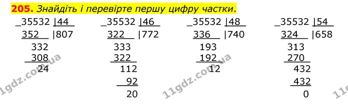205. Знайдіть і перевірте першу цифру частки. — ГДЗ Математика 4 клас Бевз 1 та 2 частини