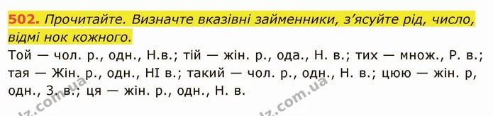 502. Прочитайте. Визначте вказівні займенники, з’ясуйте рід, число, відмі нок кожного. — ГДЗ Українська мова 6 клас Глазова