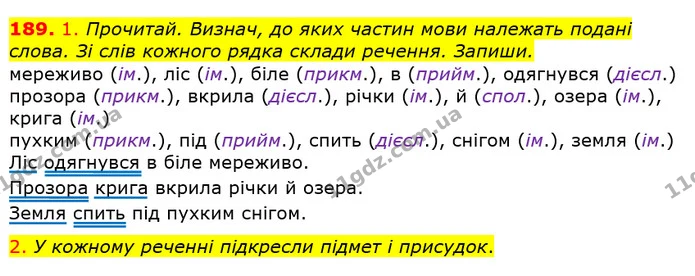 189. 1. Прочитай. Визнач, до яких частин мови належать подані слова. Зі слів кожного рядка склади речення. Запиши. — ГДЗ Українська мова та читання 3 клас Коваленко (1 частина)