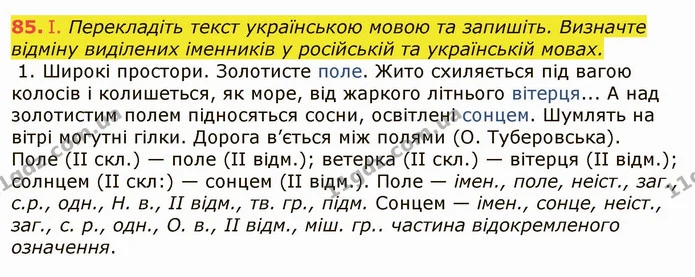 85. І. Перекладіть текст українською мовою та запишіть. Визначте відміну виділених іменників у російській та українській мовах. — ГДЗ Українська мова 6 клас Заболотний 2019
