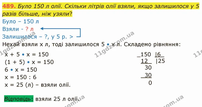 489. Було 150 л олії. Скільки літрів олії взяли, якщо залишилося у 5 разів більше, ніж узяли? — ГДЗ Математика 4 клас Лишенко 1-2 ч.