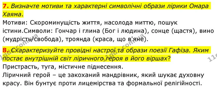 7. Визначте мотиви та характерні символічні образи лірики Омара Хаяма. — ГДЗ Зарубіжна література 8 клас Волощук