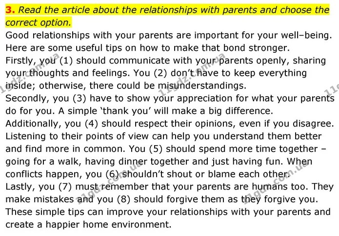 3. Read the article about the relationships with parents and choose the correct option. — ГДЗ зошит Grammar Англійська мова 8 клас Prepare 2025