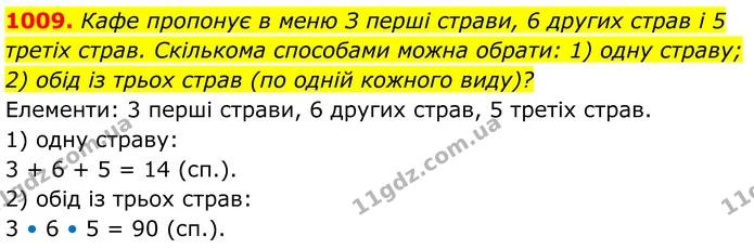 1009. Кафе пропонує в меню З перші страви, 6 других страв і 5 третіх страв. Скількома способами можна обрати: 1) одну страву; — ГДЗ Алгебра 7 клас Тарасенкова 2024