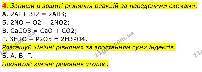 4. Запиши в зошиті рівняння реакцій за наведеними схемами. — ГДЗ Хімія 8 клас Ярошенко