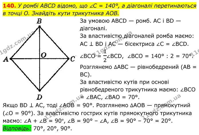 140. У ромбі ABCD відомо, що ∠C = 140°, а діагоналі перетинаються в точці О. Знайдіть кути трикутника AOB. — ГДЗ Геометрія 8 клас Мерзляк