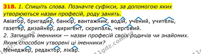 318. 1. Спишіть слова. Позначте суфікси, за допомогою яких утворюються назви професій, роду занять. — ГДЗ Відповіді Українська мова 6 клас Єрмоленко