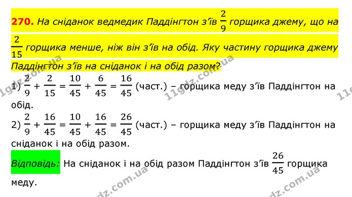 270. На сніданок ведмедик Паддінгтон з’їв 29 горщика джему, що на 215 горщика менше, ніж він з’їв на обід. Яку частину горщика джему — ГДЗ Математика 6 клас Мерзляк 2023 1-2 ч.