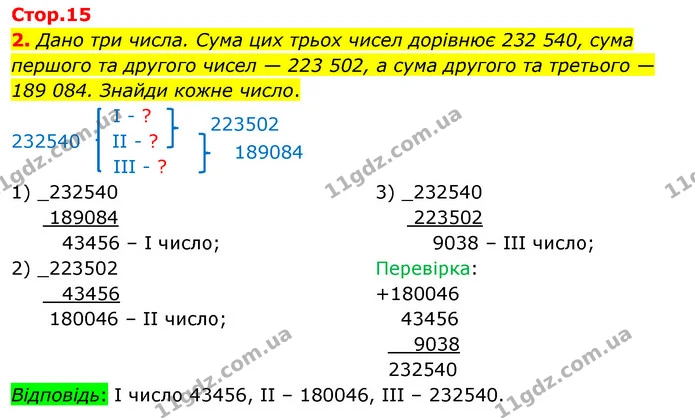 2. Дано три числа. Сума цих трьох чисел дорівнює 232 540, сума першого та другого чисел — 223 502, а сума другого та третього — 189 — ГДЗ Математика 4 клас Скворцова