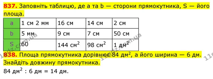 837. Заповніть таблицю, де а та b — сторони прямокутника, S — його площа. — ГДЗ Математика 5 клас Кравчук