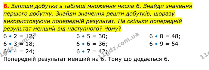 6. Запиши добутки з таблиці множення числа 6. Знайди значення першого добутку. Знайди значення решти добутків, щоразу використовуючи — ГДЗ Математика 3 клас Скворцова 1-2 ч.