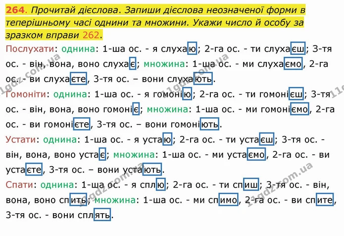 264. Прочитай дієслова. Запиши дієслова неозначеної форми в теперішньому часі однини та множини. Укажи число й особу за зразком вправи — ГДЗ Українська мова та читання 4 клас Захарійчук