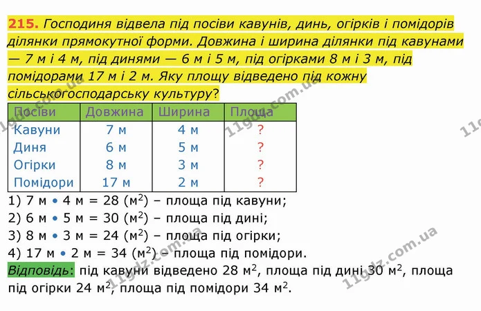 215. Господиня відвела під посіви кавунів, динь, огірків і помідорів ділянки прямокутної форми. Довжина і ширина ділянки під кавунами — — ГДЗ Математика 4 клас Заїка