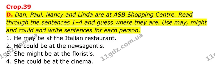 D. Dan, Paul, Nancy and Linda are at ASB Shopping Centre. Read through the sentences 1–4 and guess where they are. Use may, might and — ГДЗ Робочий зошит Англійська мова 6 клас Мітчелл