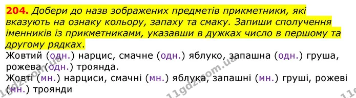 204. Добери до назв зображених предметів прикметники, які вказують на ознаку кольору, запаху та смаку. Запиши сполучення іменників із — ГДЗ Українська мова та читання 3 клас Захарійчук 2020