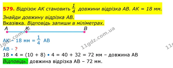 579. Відрізок АК становить довжини відрізка АВ. АК = 18 мм. Знайди довжину відрізка АВ. — ГДЗ Математика 3 клас Лишенко (1, 2 частина)