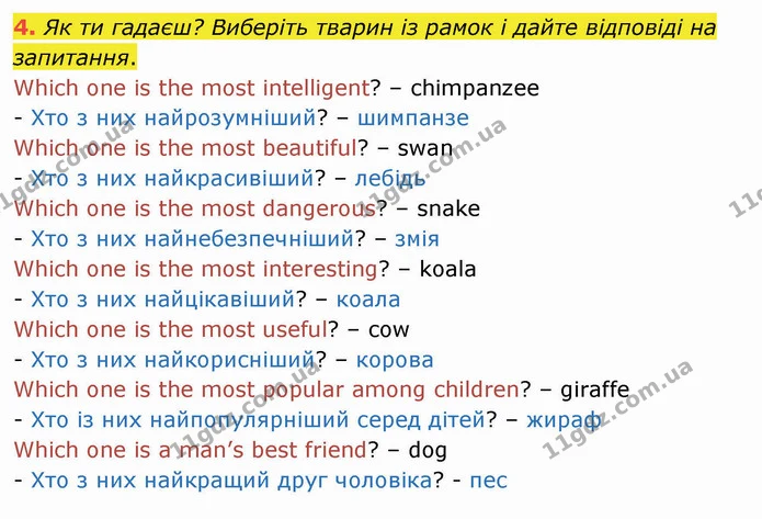 4. Як ти гадаєш? Виберіть тварин із рамок і дайте відповіді на запитання. — ГДЗ Робочий зошит Англійська мова 4 клас Карпюк
