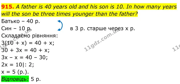 915. A father is 40 years old and his son is 10. In how many years — ГДЗ Алгебра 7 клас Бевз