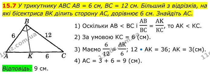 15.7 У трикутнику ABC AB = 6 см, BC = 12 см. Більший з відрізків, на які бісектриса BK ділить сторону AC, дорівнює 6 см. Знайдіть AC. — ГДЗ Геометрія 8 клас Істер