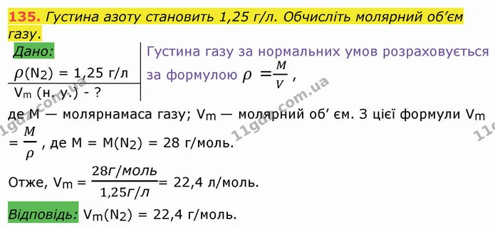 135. Густина азоту становить 1,25 г/л. Обчисліть молярний об’єм газу. — ГДЗ Хімія 8 клас Попель