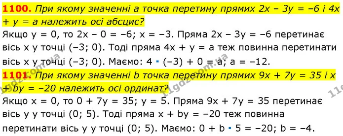 1100. При якому значенні a точка перетину прямих 2x – 3y = –6 і 4x + y = a належить осі абсцис? — Алгебра 7 клас Мерзляк 2024