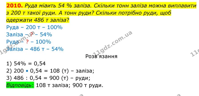 2010. Руда міаить 54 % заліза. Скільки тонн заліза можна виплавити з 200 т такої руди. А тонн руди? Скільки потрібно руди, щоб одержати — ГДЗ Математика 5 клас Бевз
