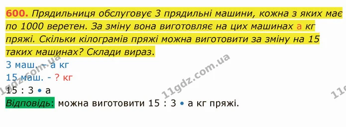 600. Прядильниця обслуговує 3 прядильні машини, кожна з яких має по 1000 веретен. За зміну вона виготовляє на цих машинах а кг пряжі — ГДЗ Математика 4 клас Лишенко 1-2 ч.