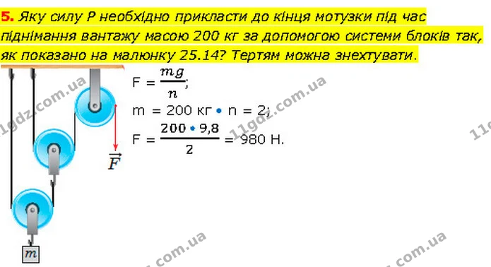 5. Яку силу Р необхідно прикласти до кінця мотузки під час піднімання вантажу масою 200 кг за допомогою системи блоків так, як показано — ГДЗ Фізика 7 клас Засєкіна