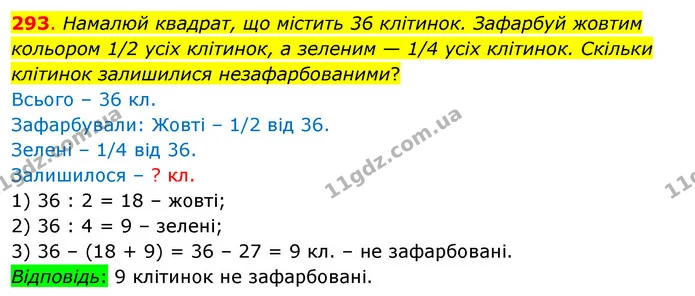 293. Намалюй квадрат, що містить 36 клітинок. Зафарбуй жовтим кольором 1/2 усіх клітинок, а зеленим — 1/4 усіх клітинок. Скільки — ГДЗ Математика 3 клас Бевз 1 частина