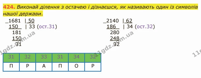 424. Виконай ділення з остачею і дізнаєшся, як називають один із символів нашої держави. — ГДЗ Математика 5 клас Істер 2022