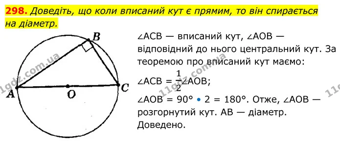 298. Доведіть, що коли вписаний кут є прямим, то він спирається — ГДЗ Геометрія 8 клас Мерзляк