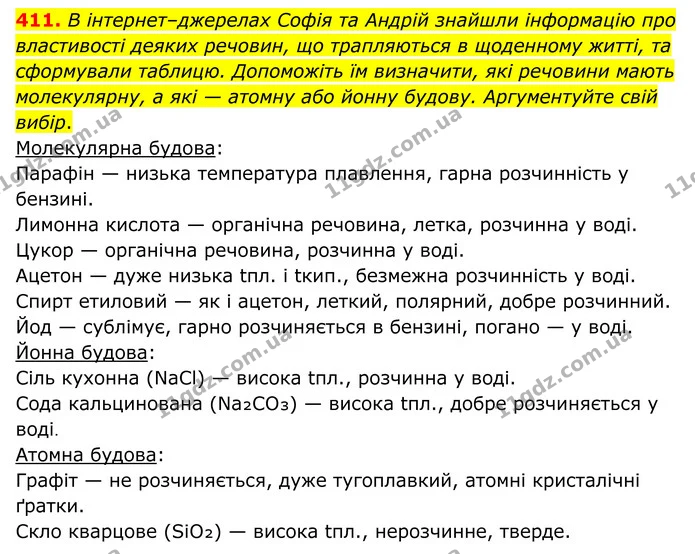 411. В інтернет–джерелах Софія та Андрій знайшли інформацію про властивості деяких речовин, що трапляються в щоденному житті, та — ГДЗ Хімія 8 клас Григорович