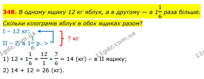 348. В одному ящику 12 кг яблук, а в другому — в 116 раза більше. Скільки кілограмів яблук в обох ящиках разом? — ГДЗ Математика 6 клас Кравчук 2023