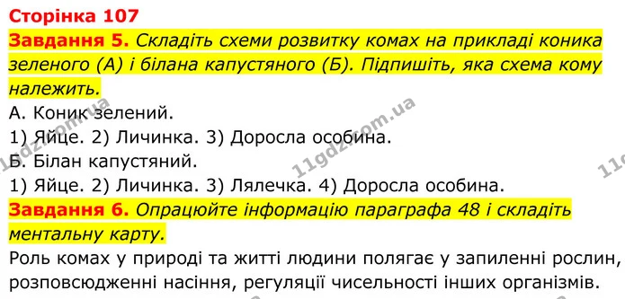 5. Складіть схеми розвитку комах на прикладі коника зеленого (А) і білана капустяного (Б). Підпишіть, яка схема кому належить. — ГДЗ Робочий зошит Біологія 7 клас Мирна 2024