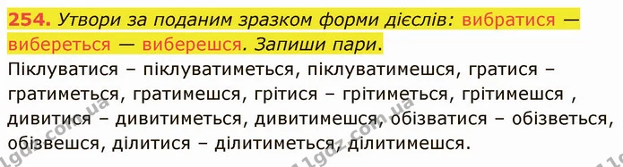 254. Утвори за поданим зразком форми дієслів: вибратися — вибереться — виберешся. Запиши пари. — ГДЗ Українська мова 5 клас Онатій