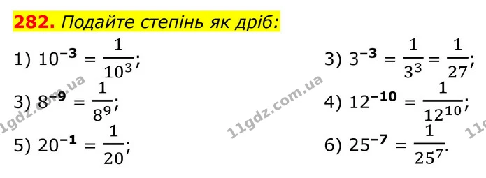 282. Подайте степінь як дріб: — ГДЗ Алгебра 8 клас Тарасенкова