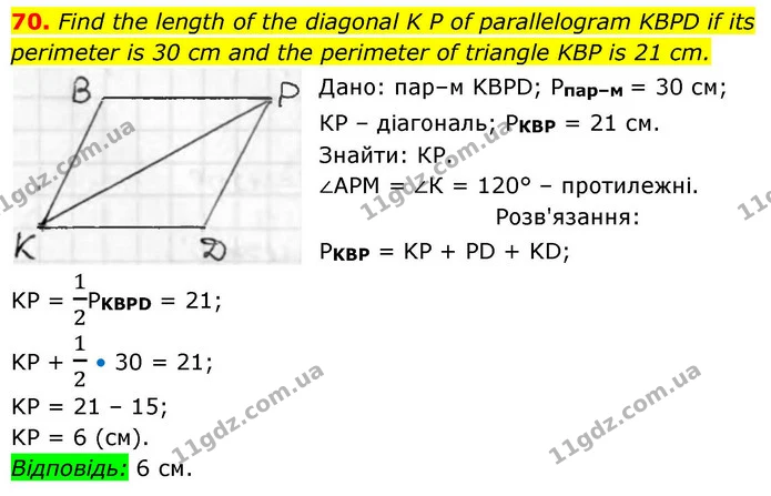 70. Find the length of the diagonal K P of parallelogram KBPD if its — ГДЗ Геометрія 8 клас Бевз