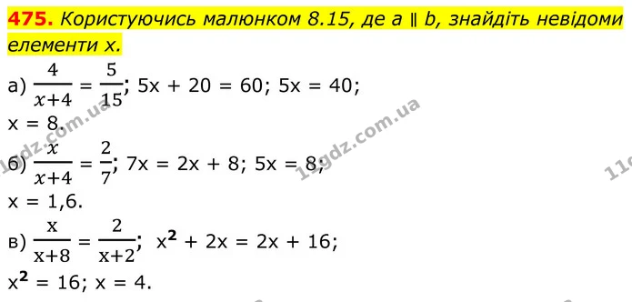 475. Користуючись малюнком 8.15, де а ∥ b, знайдіть невідоми елементи х. — ГДЗ Геометрія 8 клас Бевз