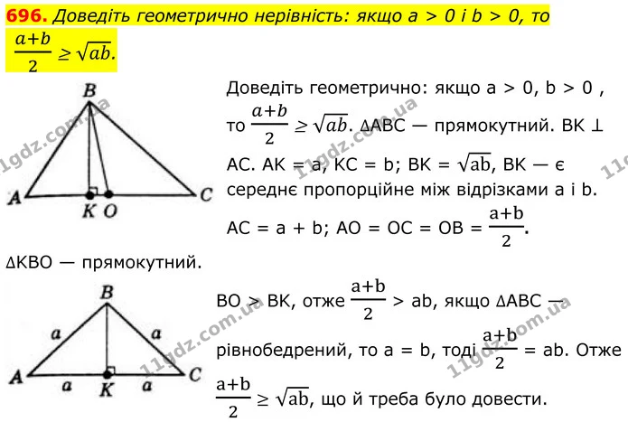 696. Доведіть геометрично нерівність: якщо a > 0 і b > 0, то — ГДЗ Геометрія 8 клас Бевз