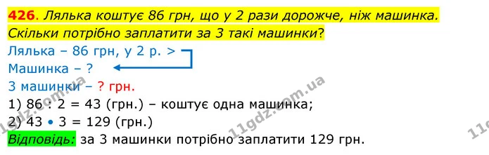 426. Лялька коштує 86 грн, що у 2 рази дорожче, ніж машинка. Скільки потрібно заплатити за 3 такі машинки? — ГДЗ Математика 3 клас Бевз 2 частина