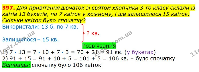 397. Для привітання дівчаток зі святом хлопчики 3-го класу склали із квітів 13 букетів, по 7 квіток у кожному, і ще залишилося 15 — ГДЗ Математика 3 клас Листопад 1-2 ч.
