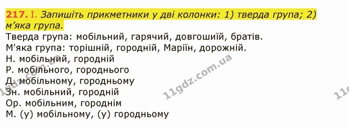 217. І. Запишіть прикметники у дві колонки: 1) тверда група; 2) м’яка група. — ГДЗ Українська мова 6 клас Заболотний 2019