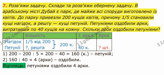7. Розв’яжи задачу. Склади та розв’яжи обернену задачу. В арабському місті Дубай є парк, де майже всі споруди виготовлено із квітів. До — ГДЗ Математика 4 клас Скворцова