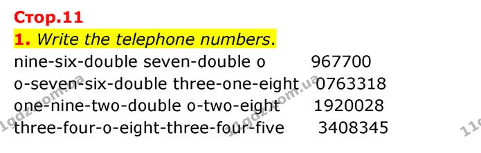 1. Write the telephone numbers. — ГДЗ Робочий зошит Англійська мова 5 клас Карпюк